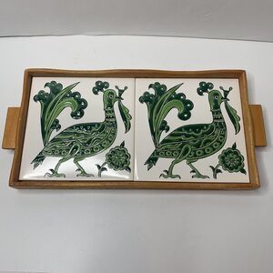 Vintage Wooden Serving Tray 2 Ceramic Green White Bird Tiles Home Decor 12.5x6.5
